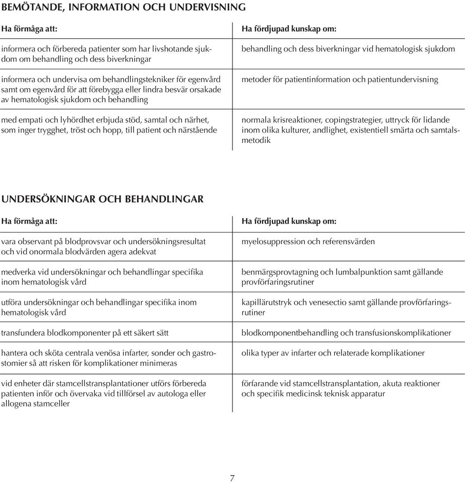 till patient och närstående Ha fördjupad kunskap om: behandling och dess biverkningar vid hematologisk sjukdom metoder för patientinformation och patientundervisning normala krisreaktioner,