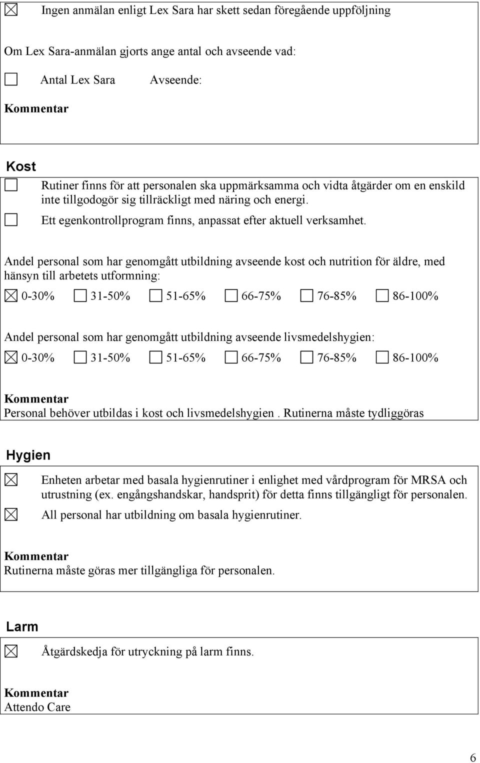 Andel personal som har genomgått utbildning avseende kost och nutrition för äldre, med hänsyn till arbetets utformning: 0-30% 31-50% 51-65% 66-75% 76-85% 86-100% Andel personal som har genomgått