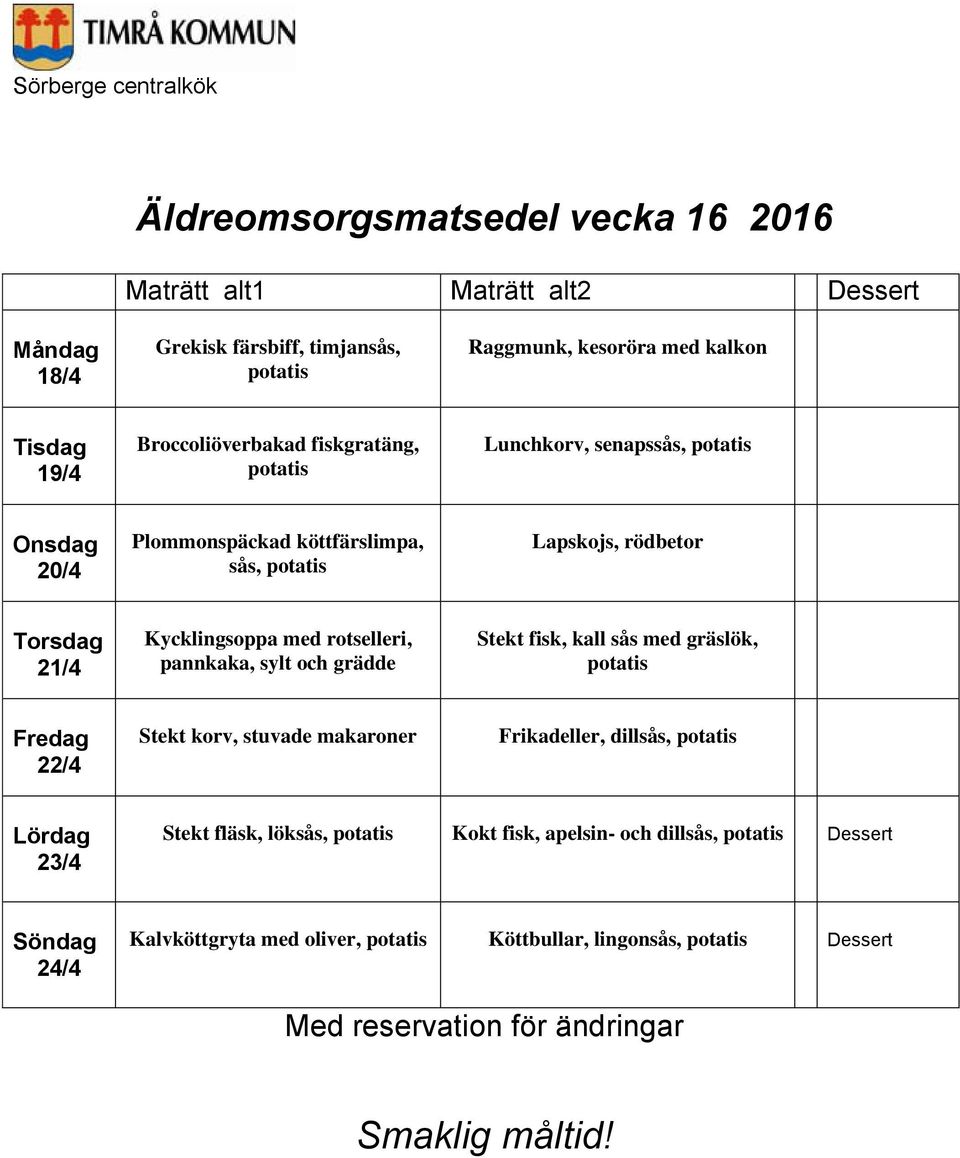 Kycklingsoppa med rotselleri, pannkaka, sylt och grädde Stekt fisk, kall sås med gräslök, 22/4 Stekt korv, stuvade makaroner