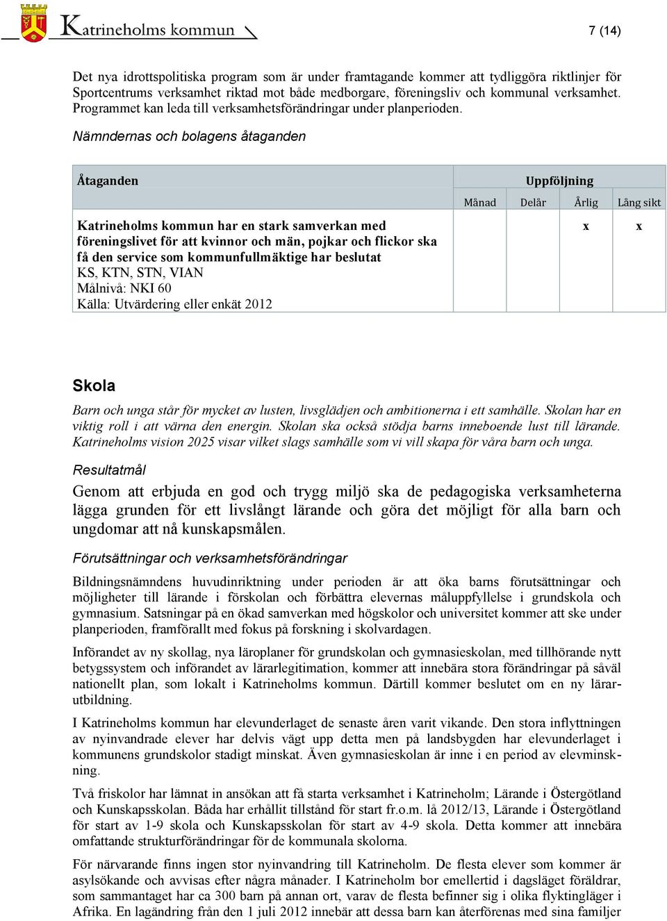 Nämndernas och bolagens åtaganden Åtaganden Katrineholms kommun har en stark samverkan med föreningslivet för att kvinnor och män, pojkar och flickor ska få den service som kommunfullmäktige har