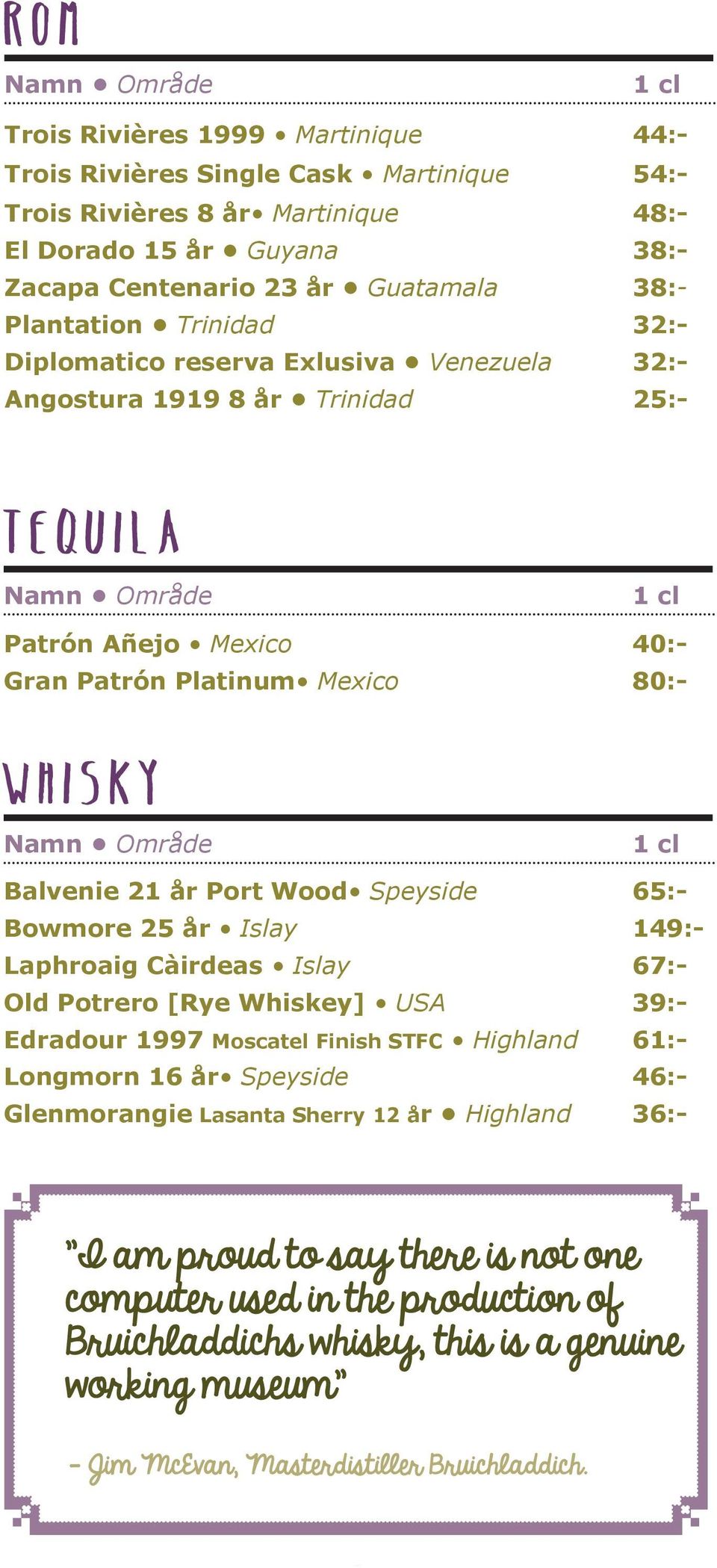 Speyside 65:- Bowmore 25 år Islay 149:- Laphroaig Càirdeas Islay 67:- Old Potrero [Rye Whiskey] USA 39:- Edradour 1997 Moscatel Finish STFC Highland 61:- Longmorn 16 år Speyside 46:- Glenmorangie