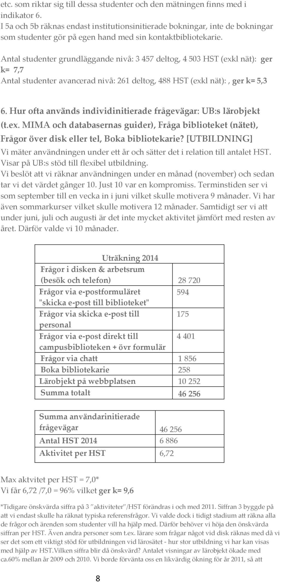 Antal studenter grundläggande nivå: 3 457 deltog, 4 503 HST (exkl nät): ger k= 7,7 Antal studenter avancerad nivå: 261 deltog, 488 HST (exkl nät):, ger k= 5,3 6.