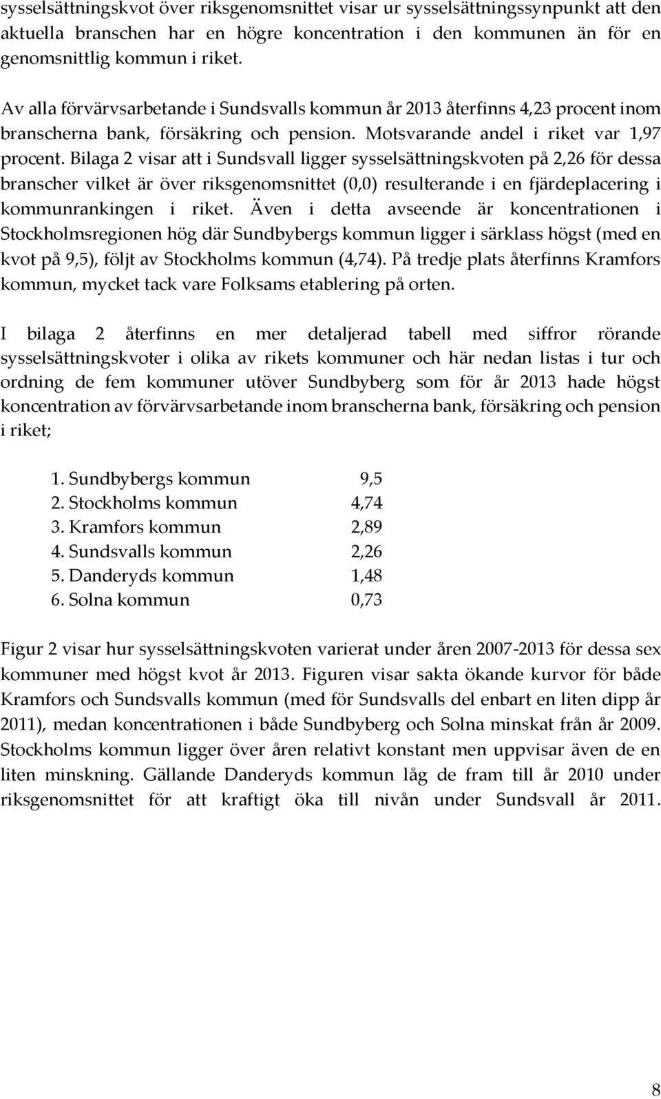 Bilaga 2 visar att i Sundsvall ligger sysselsättningskvoten på 2,26 för dessa branscher vilket är över riksgenomsnittet (0,0) resulterande i en fjärdeplacering i kommunrankingen i riket.