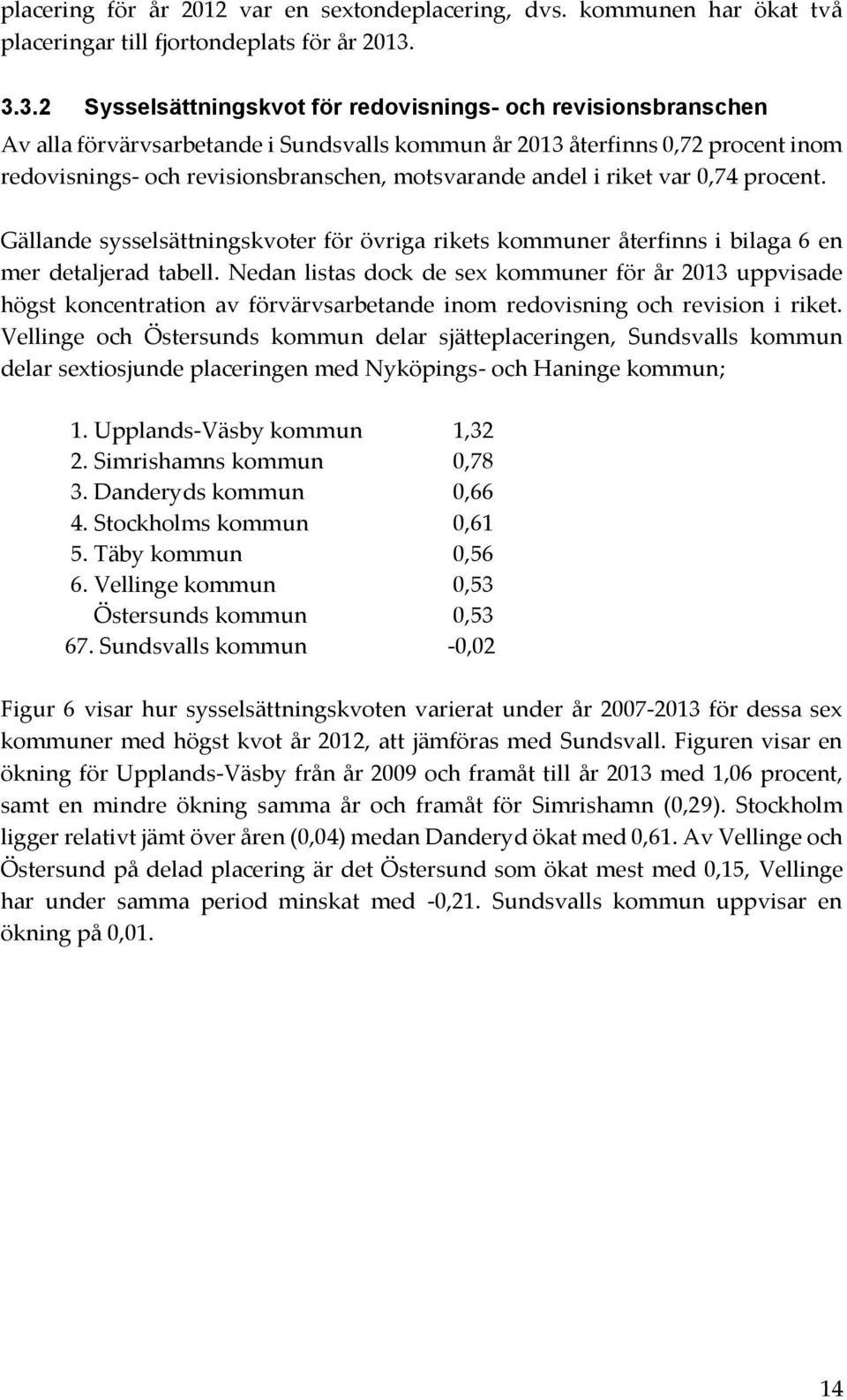 andel i riket var 0,74 procent. Gällande sysselsättningskvoter för övriga rikets kommuner återfinns i bilaga 6 en mer detaljerad tabell.