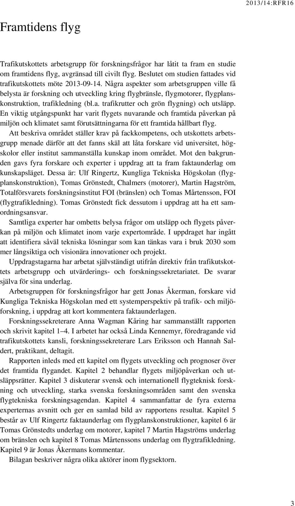 Några aspekter som arbetsgruppen ville få belysta är forskning och utveckling kring flygbränsle, flygmotorer, flygplanskonstruktion, trafikledning (bl.a. trafikrutter och grön flygning) och utsläpp.