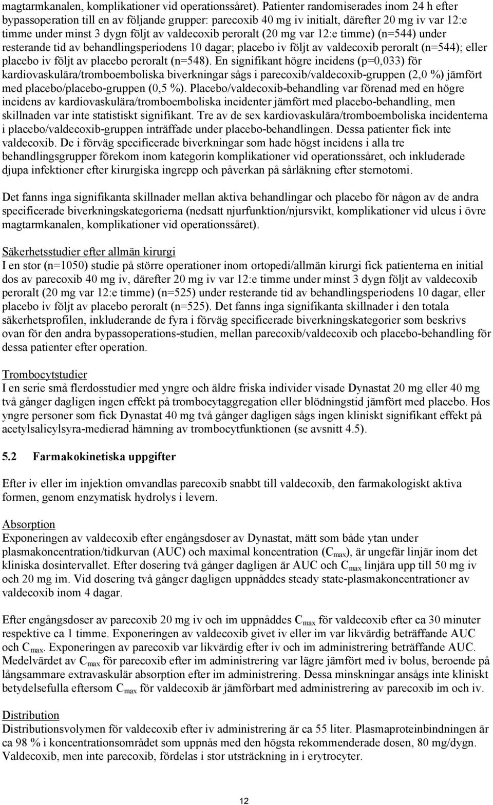 mg var 12:e timme) (n=544) under resterande tid av behandlingsperiodens 10 dagar; placebo iv följt av valdecoxib peroralt (n=544); eller placebo iv följt av placebo peroralt (n=548).