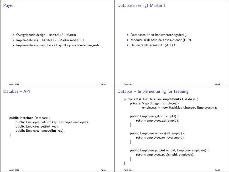 OMD 2012 F4-33 Databas API OMD 2012 F4-34 Databas Implementering för testning public class TestDatabase implements Database { private Map<Integer, Employee> employees = new HashMap<Integer,