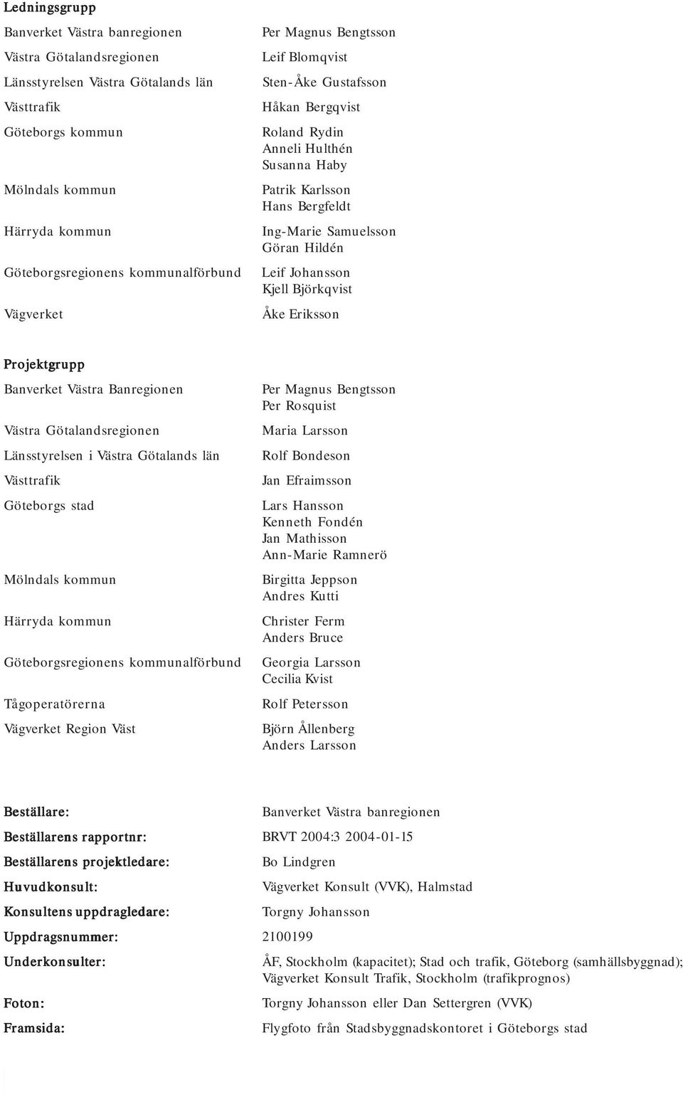 Samuelsson Göran Hildén Leif Johansson Kjell Björkqvist Åke Eriksson Projektgrupp Banverket Västra Banregionen Västra Götalandsregionen Länsstyrelsen i Västra Götalands län Västtrafik Göteborgs stad