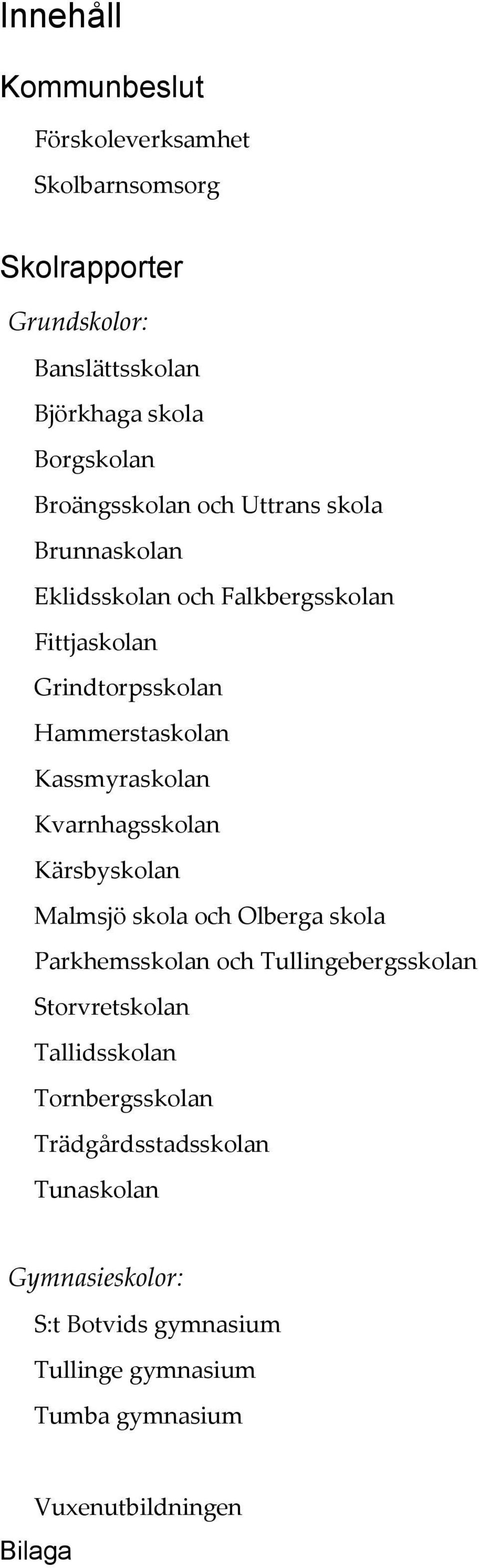 Kassmyraskolan Kvarnhagsskolan Kärsbyskolan Malmsjö skola och Olberga skola Parkhemsskolan och Tullingebergsskolan Storvretskolan