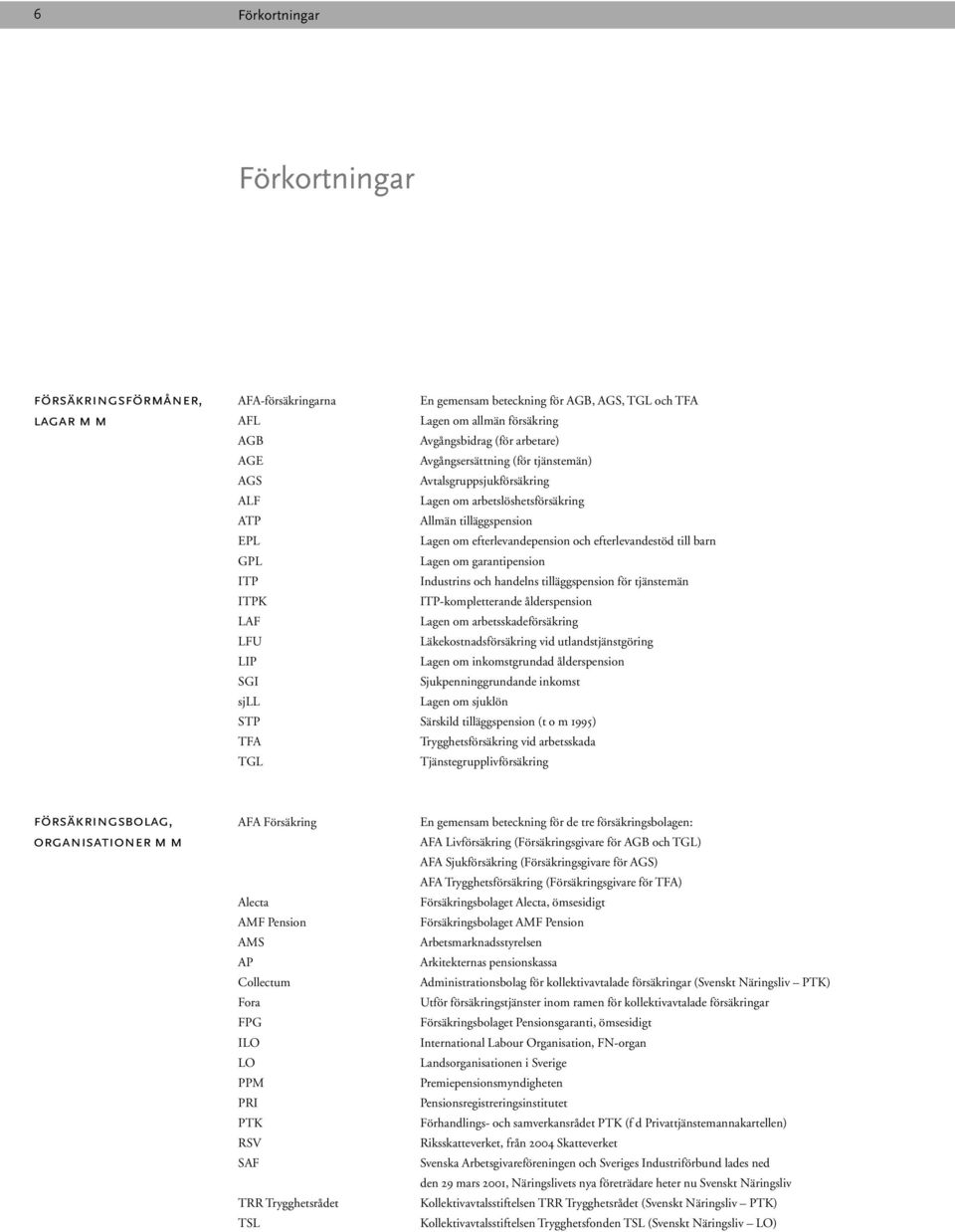 Lagen om garantipension ITP Industrins och handelns tilläggspension för tjänstemän ITPK ITP-kompletterande ålderspension LAF Lagen om arbetsskadeförsäkring LFU Läkekostnadsförsäkring vid