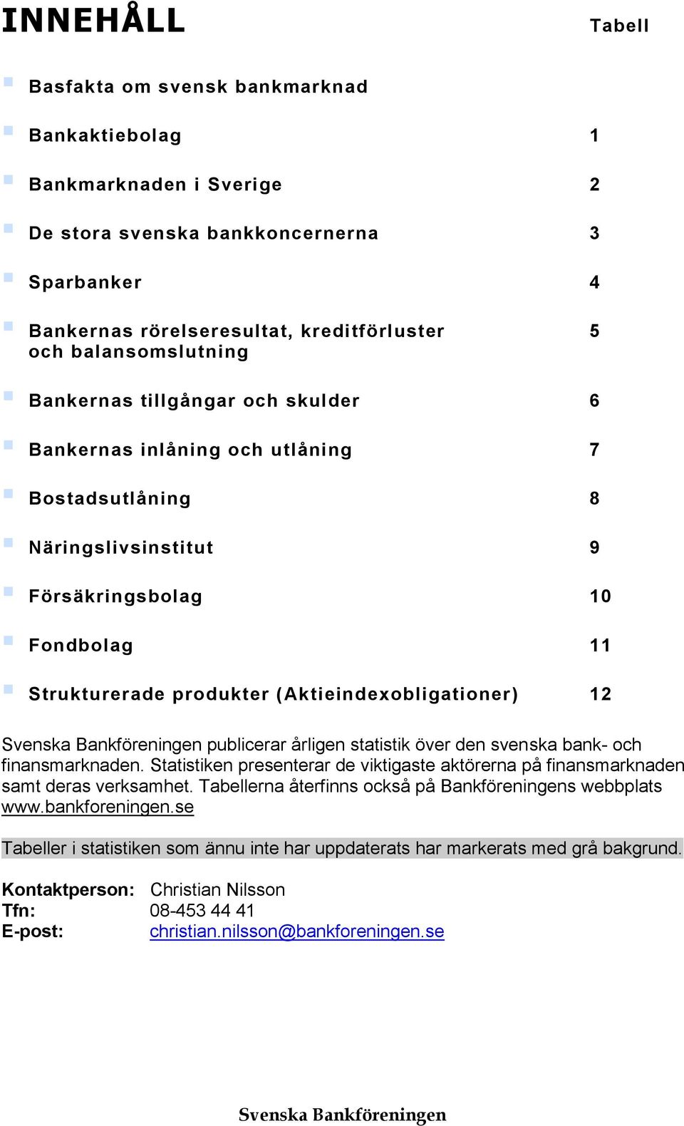 Bankföreningen publicerar årligen statistik över den svenska bank- och finansmarknaden. Statistiken presenterar de viktigaste aktörerna på finansmarknaden samt deras verksamhet.