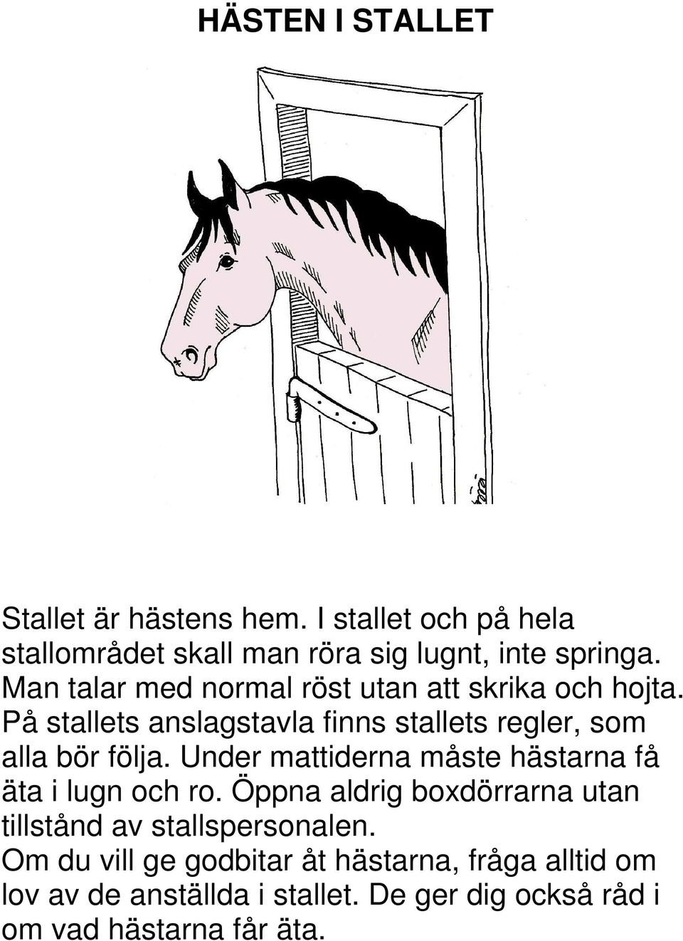 Under mattiderna måste hästarna få äta i lugn och ro. Öppna aldrig boxdörrarna utan tillstånd av stallspersonalen.