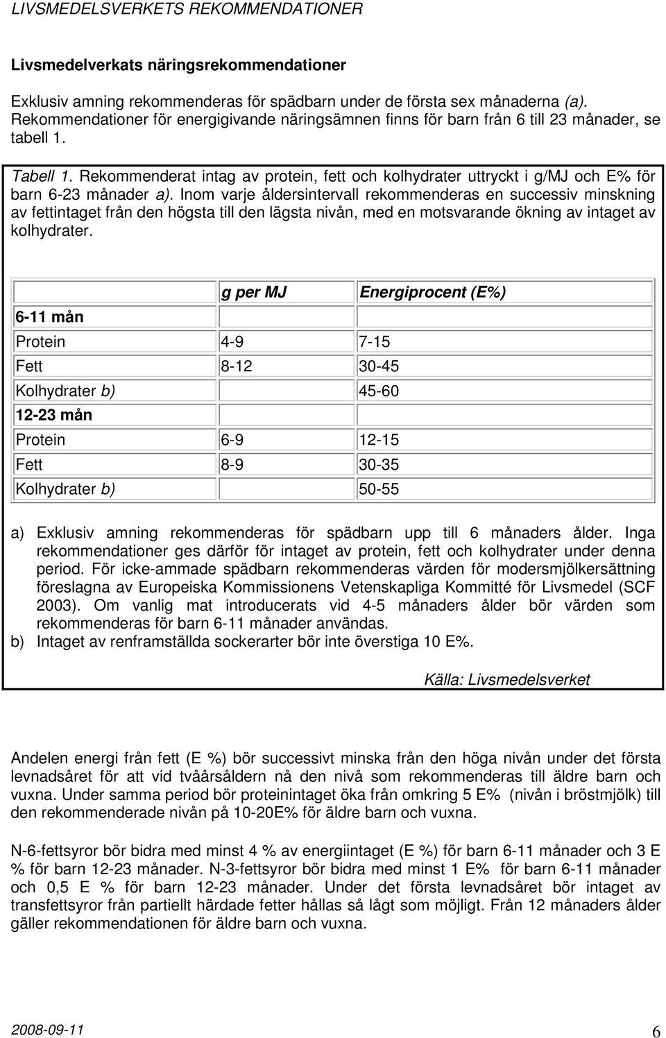 Rekommenderat intag av protein, fett och kolhydrater uttryckt i g/mj och E% för barn 6-23 månader a).