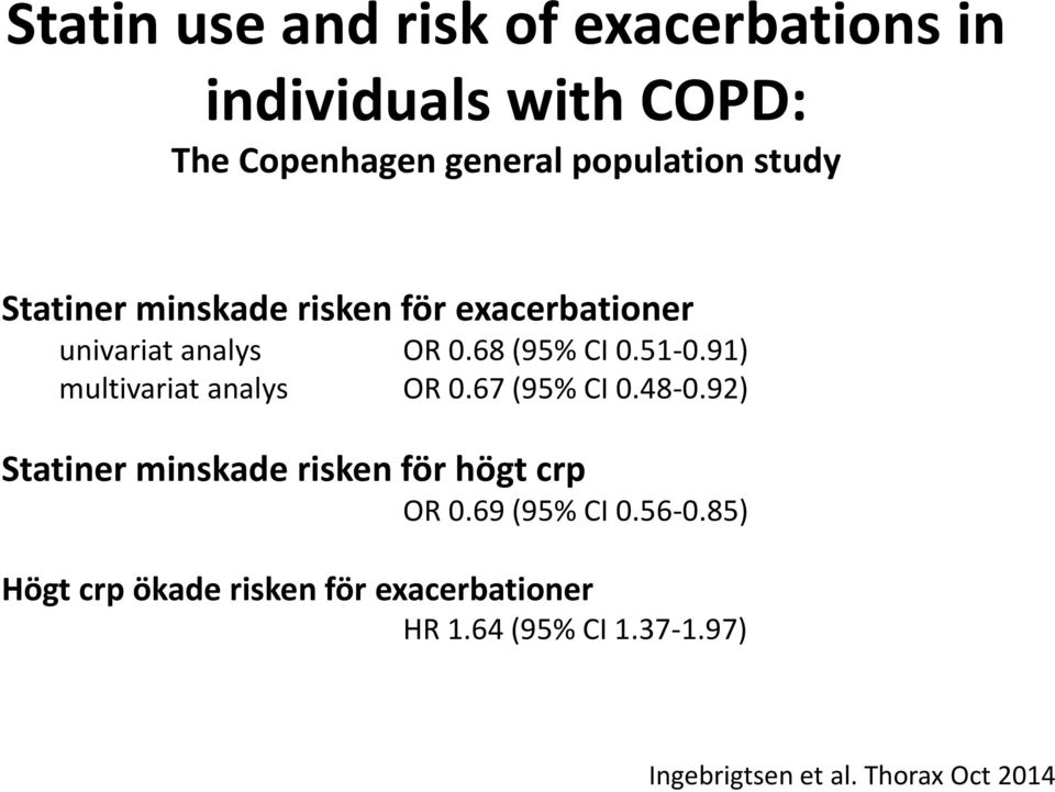 91) multivariat analys OR 0.67 (95% CI 0.48-0.92) Statiner minskade risken för högt crp OR 0.