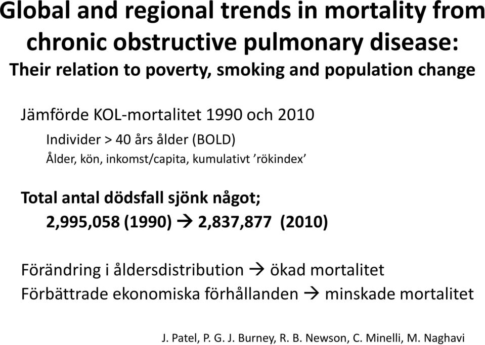 kumulativt rökindex Total antal dödsfall sjönk något; 2,995,058 (1990) 2,837,877 (2010) Förändring i åldersdistribution