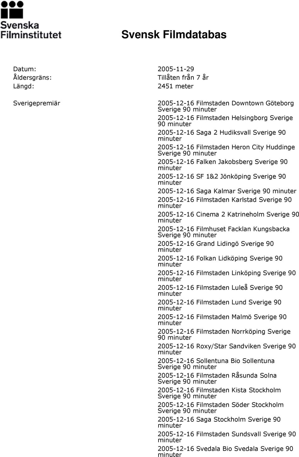 Filmstaden Karlstad Sverige 90 2005-12-16 Cinema 2 Katrineholm Sverige 90 2005-12-16 Filmhuset Facklan Kungsbacka Sverige 90 2005-12-16 Grand Lidingö Sverige 90 2005-12-16 Folkan Lidköping Sverige 90