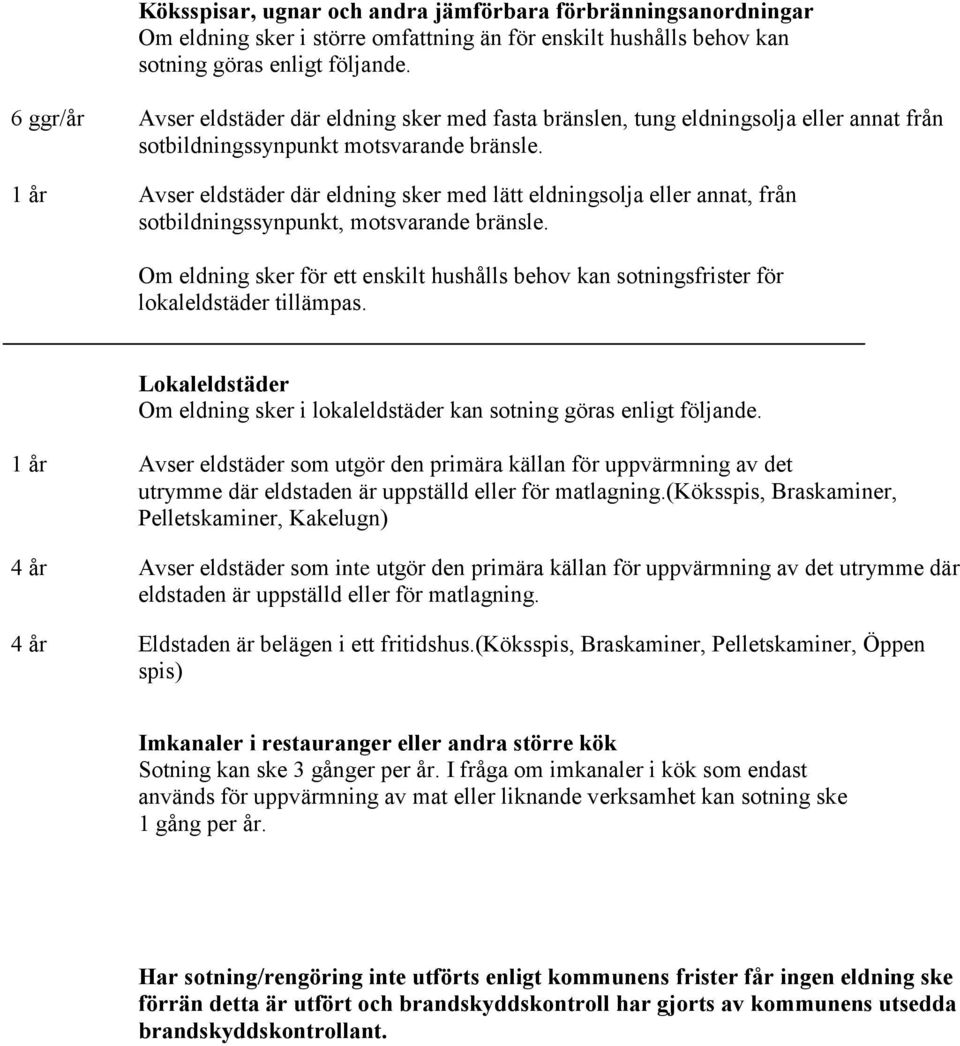 1 år Avser eldstäder där eldning sker med lätt eldningsolja eller annat, från sotbildningssynpunkt, motsvarande bränsle.