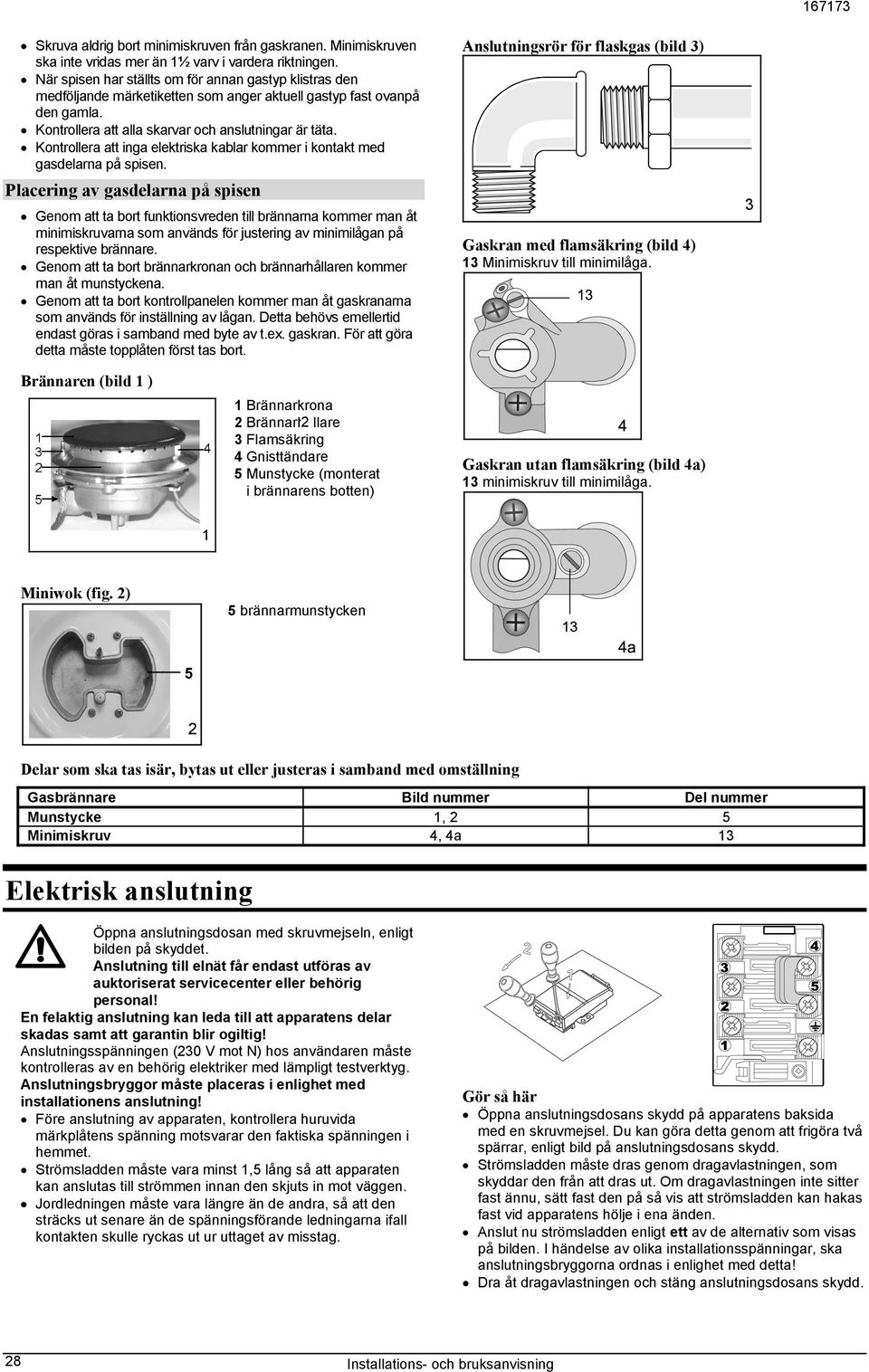 Kontrollera att inga elektriska kablar kommer i kontakt med gasdelarna på spisen.