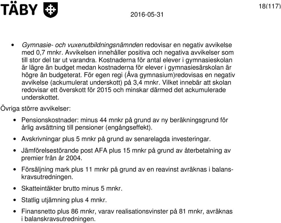 För egen regi (Åva gymnasium)redovisas en negativ avvikelse (ackumulerat underskott) på 3,4 mnkr.