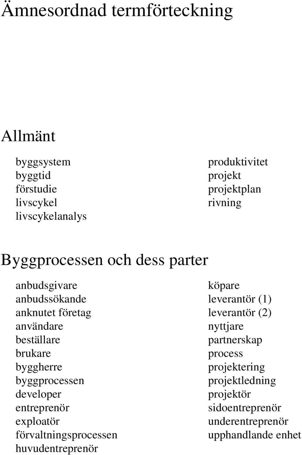 brukare byggherre byggprocessen developer entreprenör exploatör förvaltningsprocessen huvudentreprenör köpare leverantör