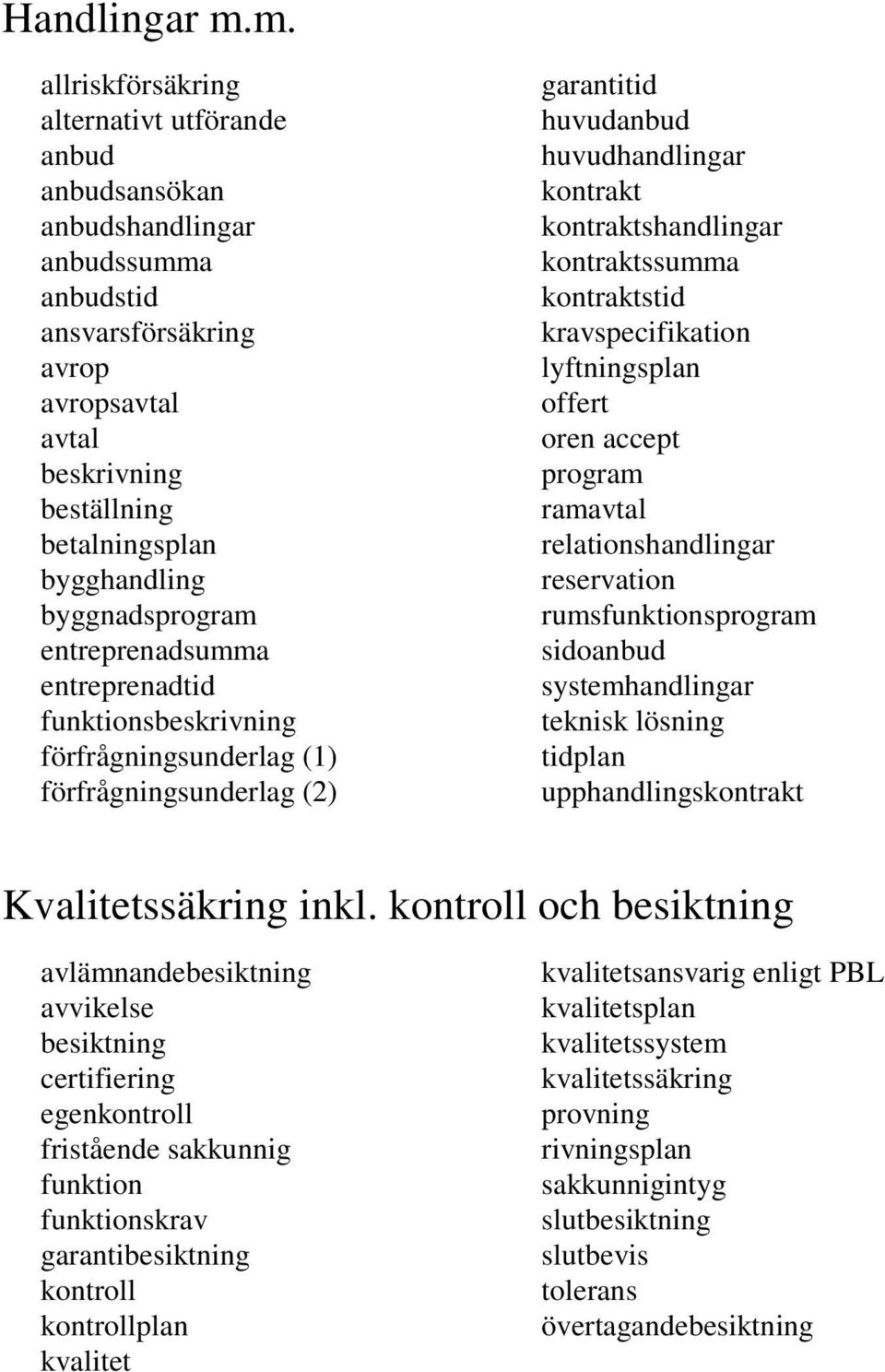 byggnadsprogram entreprenadsumma entreprenadtid funktionsbeskrivning förfrågningsunderlag (1) förfrågningsunderlag (2) garantitid huvudanbud huvudhandlingar kontrakt kontraktshandlingar