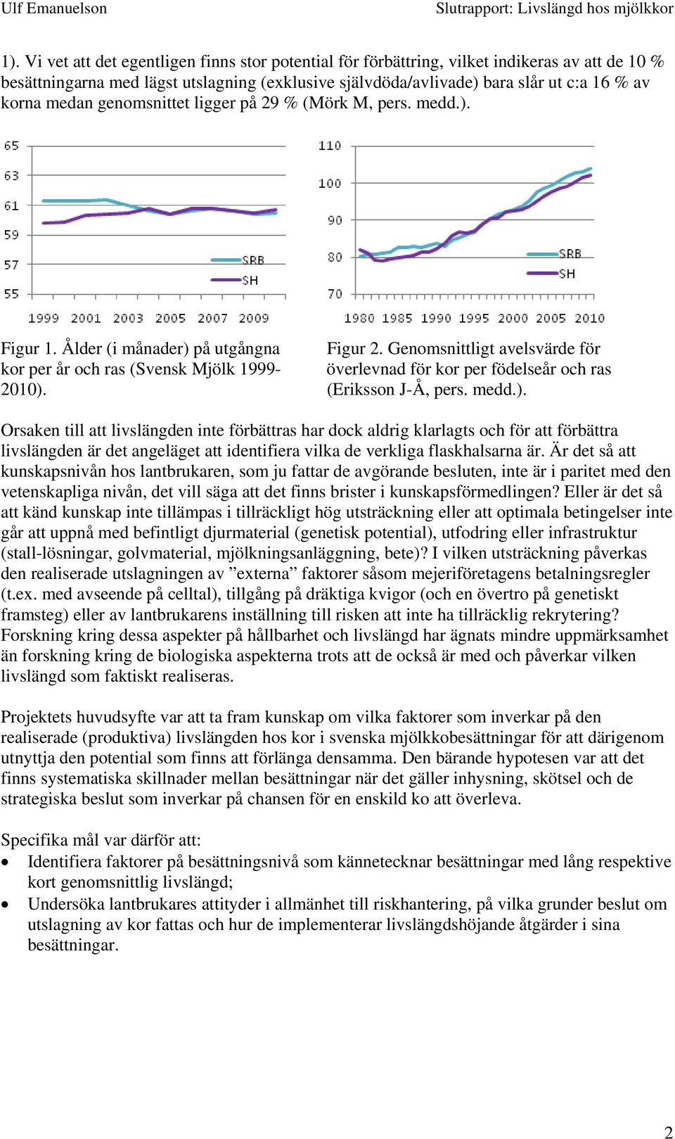 Genomsnittligt avelsvärde för kor per år och ras (Svensk Mjölk 1999- överlevnad för kor per födelseår och ras 2010).