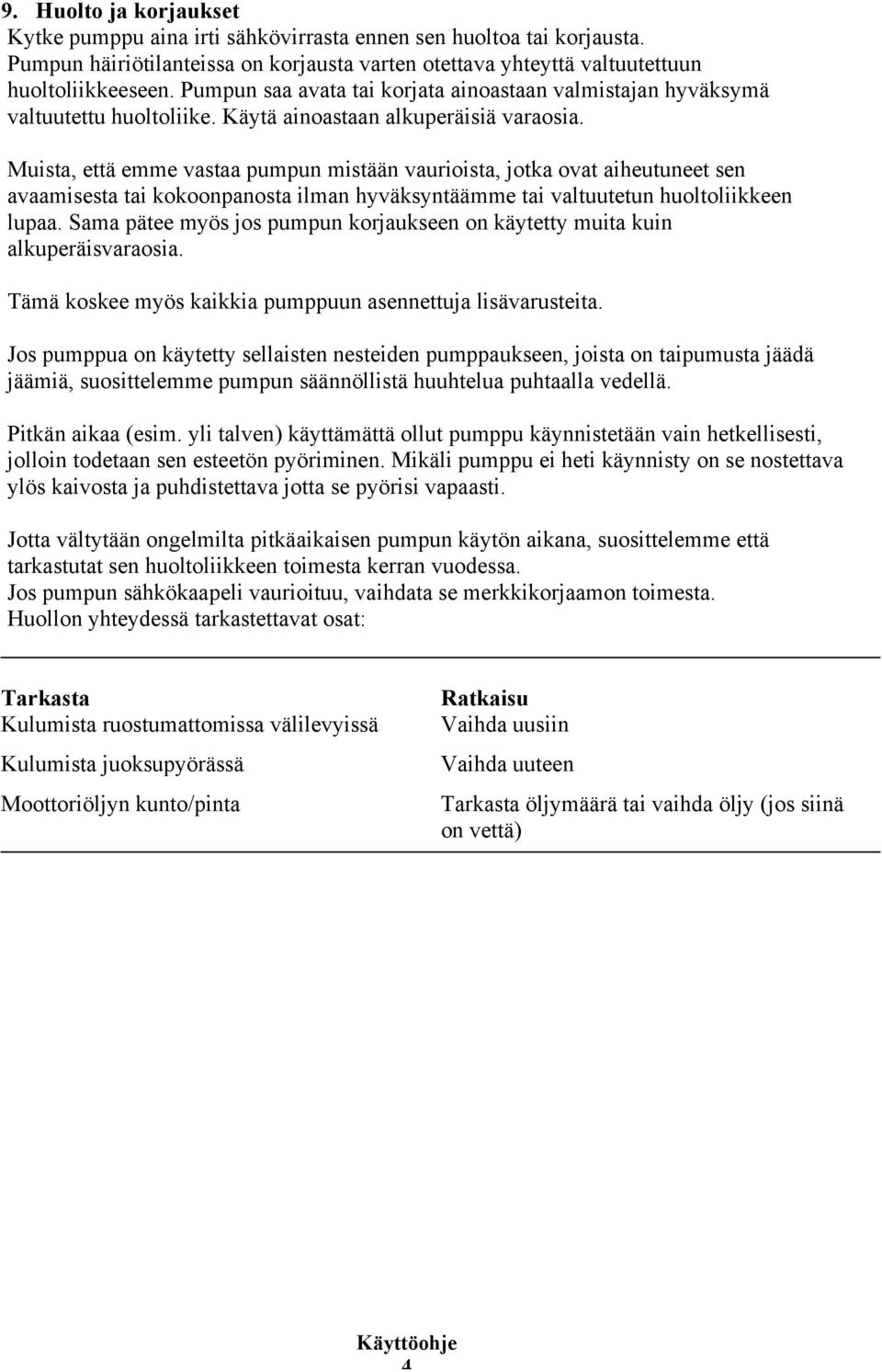 Muista, että emme vastaa pumpun mistään vaurioista, jotka ovat aiheutuneet sen avaamisesta tai kokoonpanosta ilman hyväksyntäämme tai valtuutetun huoltoliikkeen lupaa.