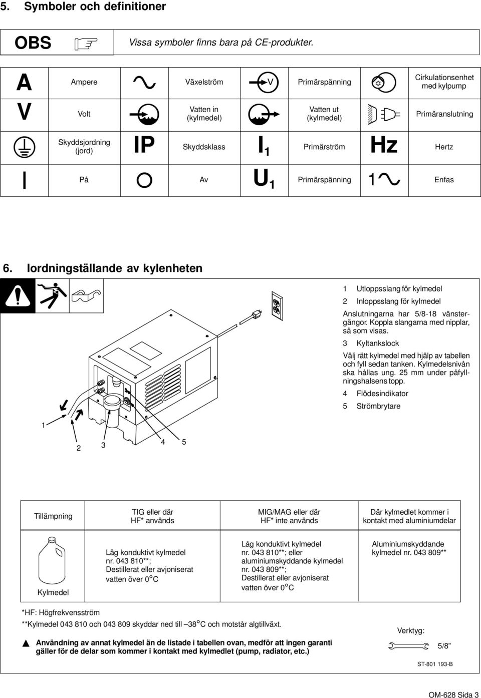 U 1 Primärspänning Enfas 6. Iordningställande av kylenheten 1 1 Utloppsslang för kylmedel 2 Inloppsslang för kylmedel Anslutningarna har 5/8-18 vänstergängor.