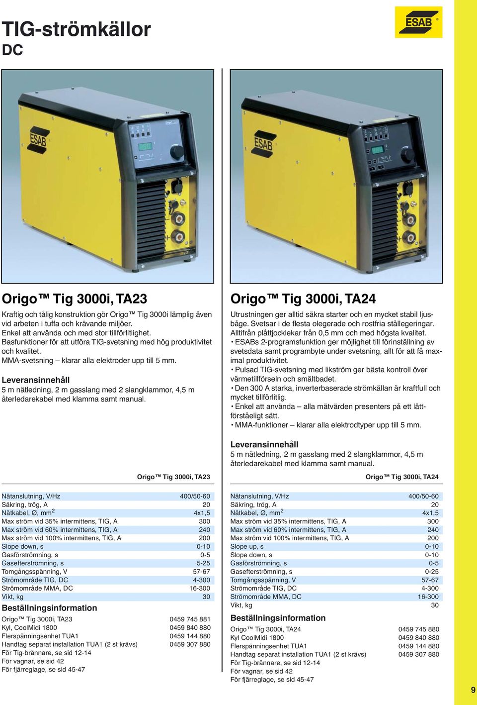 5 m nätledning, 2 m gasslang med 2 slangklammor, 4,5 m återledarekabel med klamma samt manual. Origo Tig 3000i, TA24 Utrustningen ger alltid säkra starter och en mycket stabil ljusbåge.