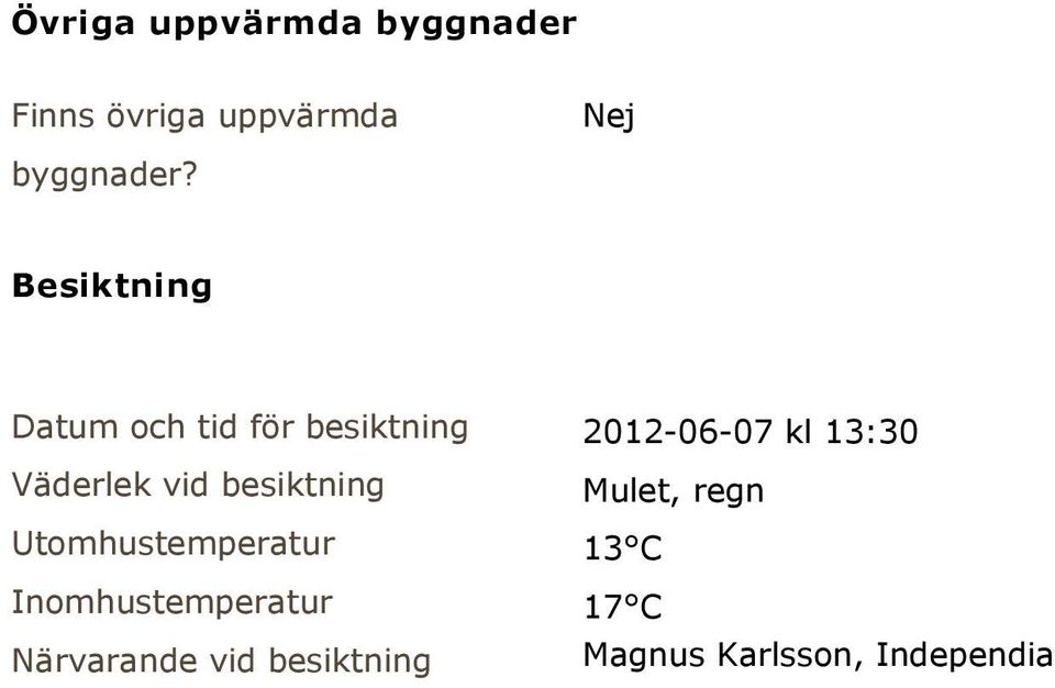 Utomhustemperatur Inomhustemperatur Närvarande vid besiktning