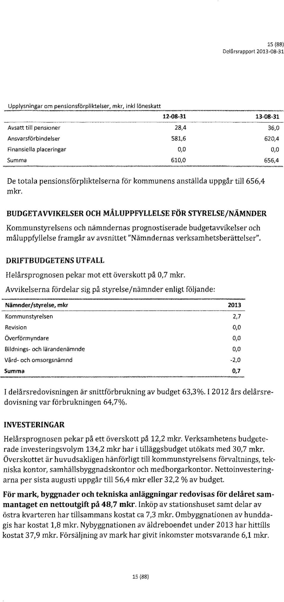 BUDGET A VVIKELSER OCH MÅLUPPFYLLELsE FÖR STYRELSE/NÄMNDER Kommunstyrelsens och nämndernas prognostiserade budgetavvikelser och måluppfyllelse framgår av avsnittet "Nämndernas verksamhetsberättelser".