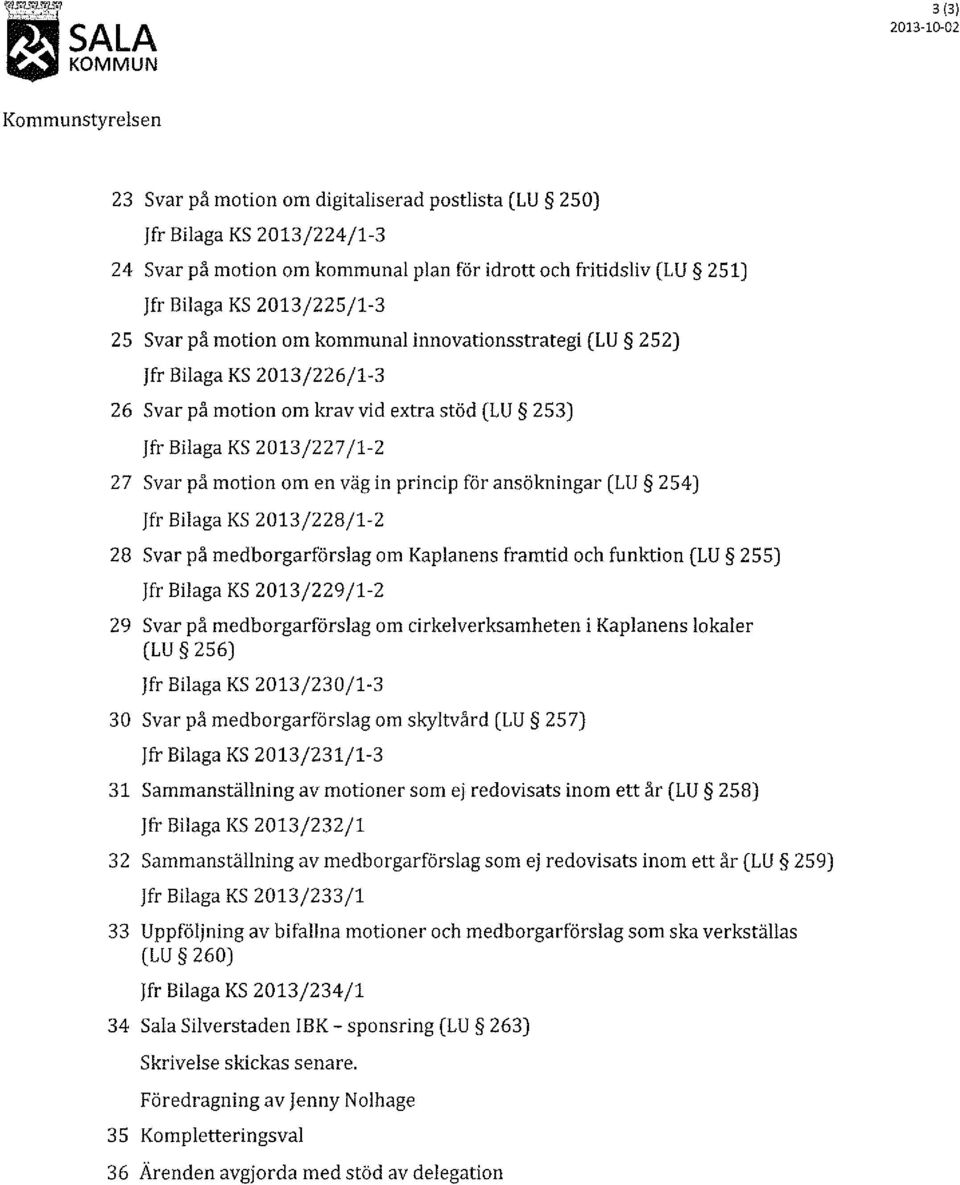 på motion om en väg in princip för ansökningar (LU 254) jfr Bilaga KS 2013/228/1-2 28 Svar på medborgarförslag om Kaplanens framtid och funktion (LU 255) jfr Bilaga KS 2013/229/1-2 29 Svar på