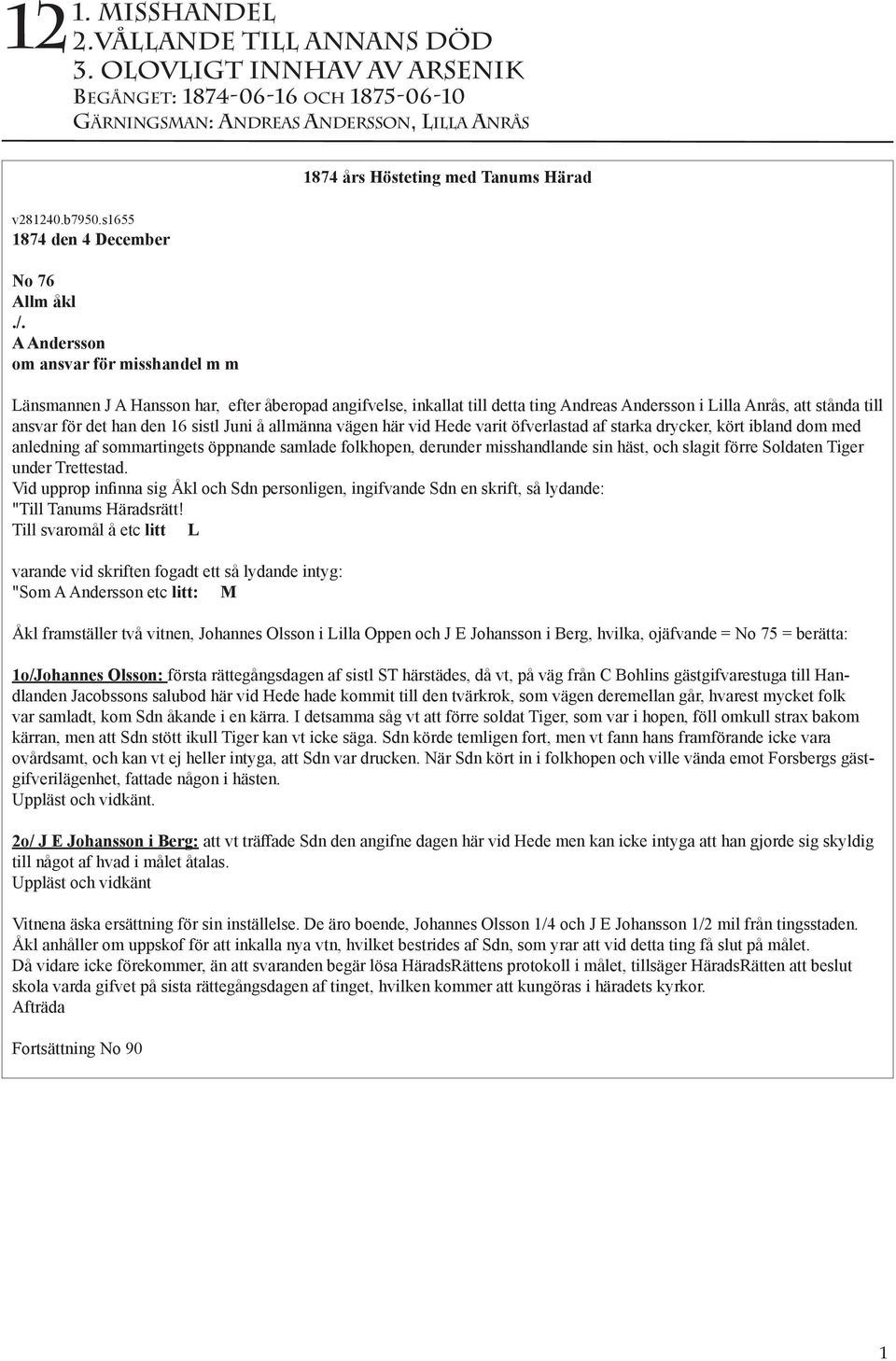 om ansvar för misshandel m m 1874 års Hösteting med Tanums Härad Länsmannen J A Hansson har, efter åberopad angifvelse, inkallat till detta ting Andreas Andersson i Lilla Anrås, att stånda till