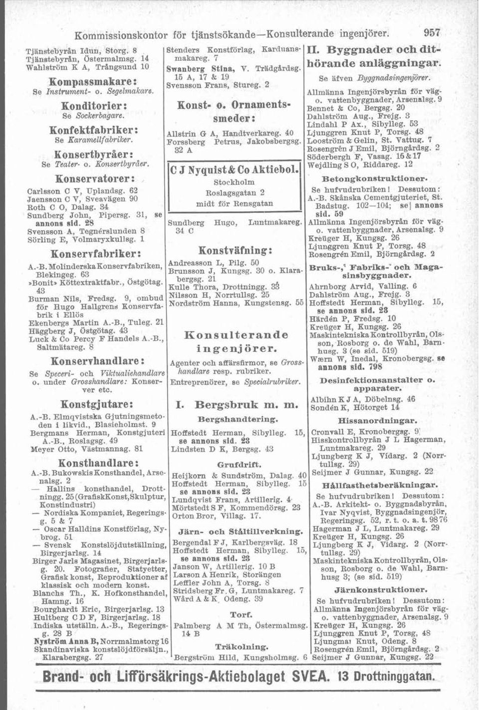 Konsertbyråer: Se Teater o. Ronsartbyrder. Konservatorer: Carlsson C V, Uplandsg. 62 Jaensson C V, Sveavägen 90 Roth C O, Dalag. 34 Sundberg John, Pipersg. 31, se annons sid.