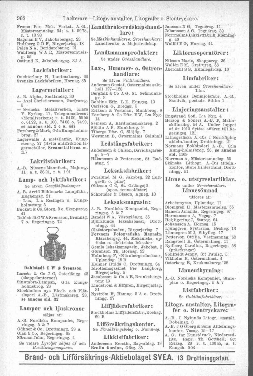 Wallof E G, Hornsg. 44 Palen N A, Beridarebansg. 21 Wahlberg W A R, Maste~-samuels- Landtmannaprodukter : Liktornsoperattirer: g. 55 Ostlund K, Jakobsbergsg. 32 A se under Nilsson Maria, Skeppareg.