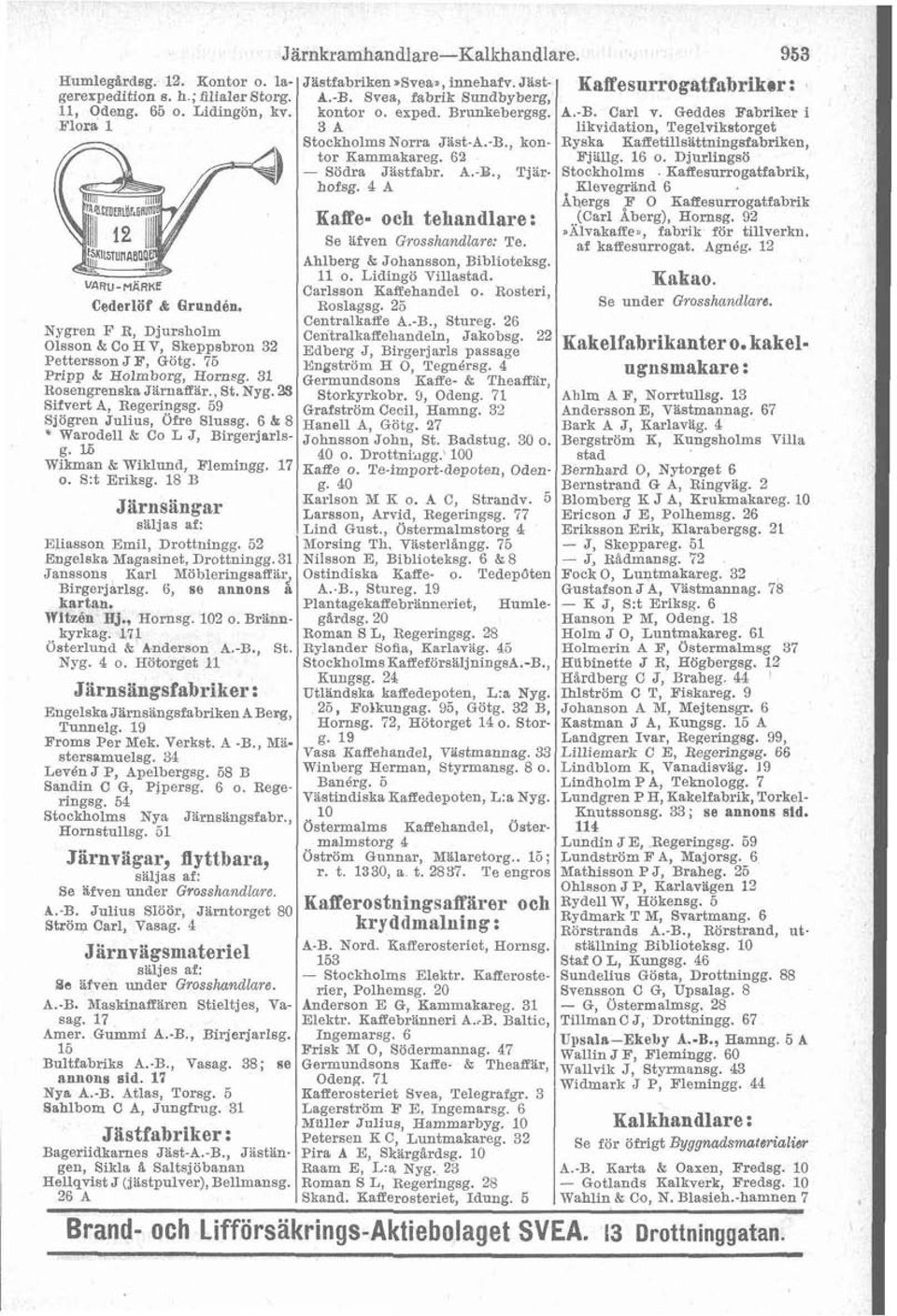 62 Fjallg. l6 o. Djurlingsö - Södra Jistfabr. A.-P., Tiar. Stockholms Kaffesurrogatfabrik, ( hofsg. 4 A Nygren F R, Djursholm Olsson a co H V, Skeppsbron 32 Pettersson J F, Götg.