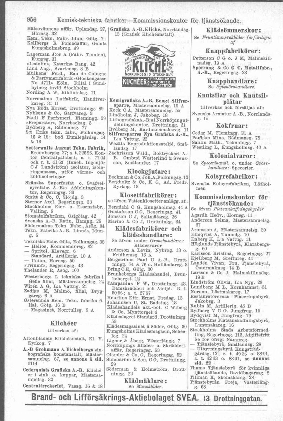 J M, Malmskill- =Ledolin*, Katarlna Bang. 42 nadsg. 19 A Lind Aug., Svartensg. 8 B Sporrong & Co C C, Metallfsbr., Miilhens' Ferd., Eau de Cologne A.-B., Regeringsg.