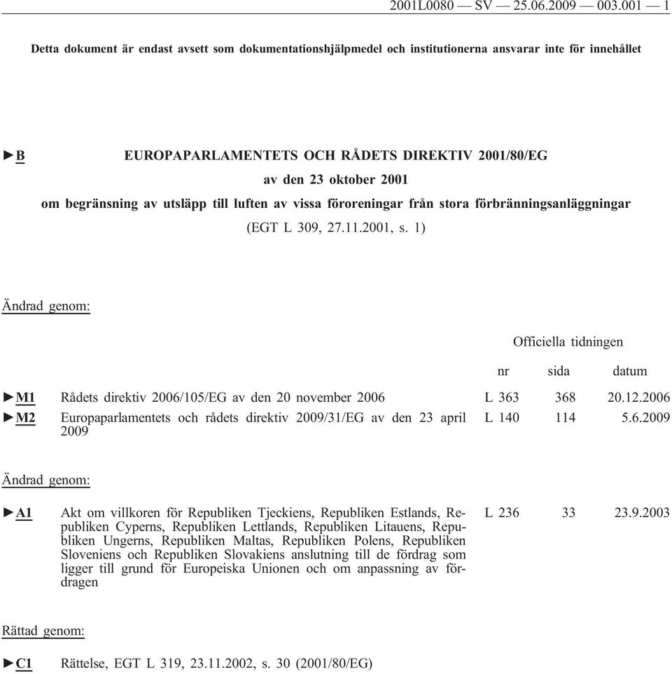 begränsning av utsläpp till luften av vissa föroreningar från stora förbränningsanläggningar (EGT L 309, 27.11.2001, s.