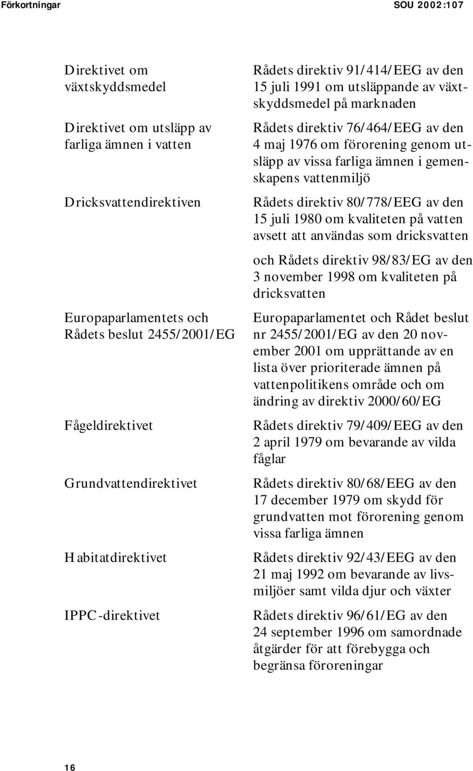 förorening genom utsläpp av vissa farliga ämnen i gemenskapens vattenmiljö Rådets direktiv 80/778/EEG av den 15 juli 1980 om kvaliteten på vatten avsett att användas som dricksvatten och Rådets