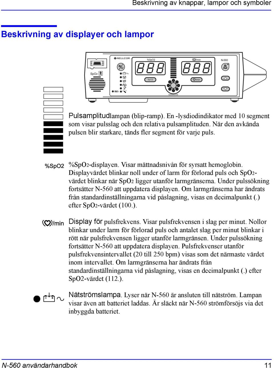 Displayvärdet blinkar noll under of larm för förlorad puls och SpO2- värdet blinkar när SpO2 ligger utanför larmgränserna. Under pulssökning fortsätter N-560 att uppdatera displayen.