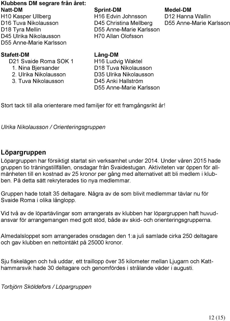 Ulrika Nikolausson D35 Ulrika Nikolausson 3. Tuva Nikolausson D45 Anki Hallström D55 Anne-Marie Karlsson Stort tack till alla orienterare med familjer för ett framgångsrikt år!