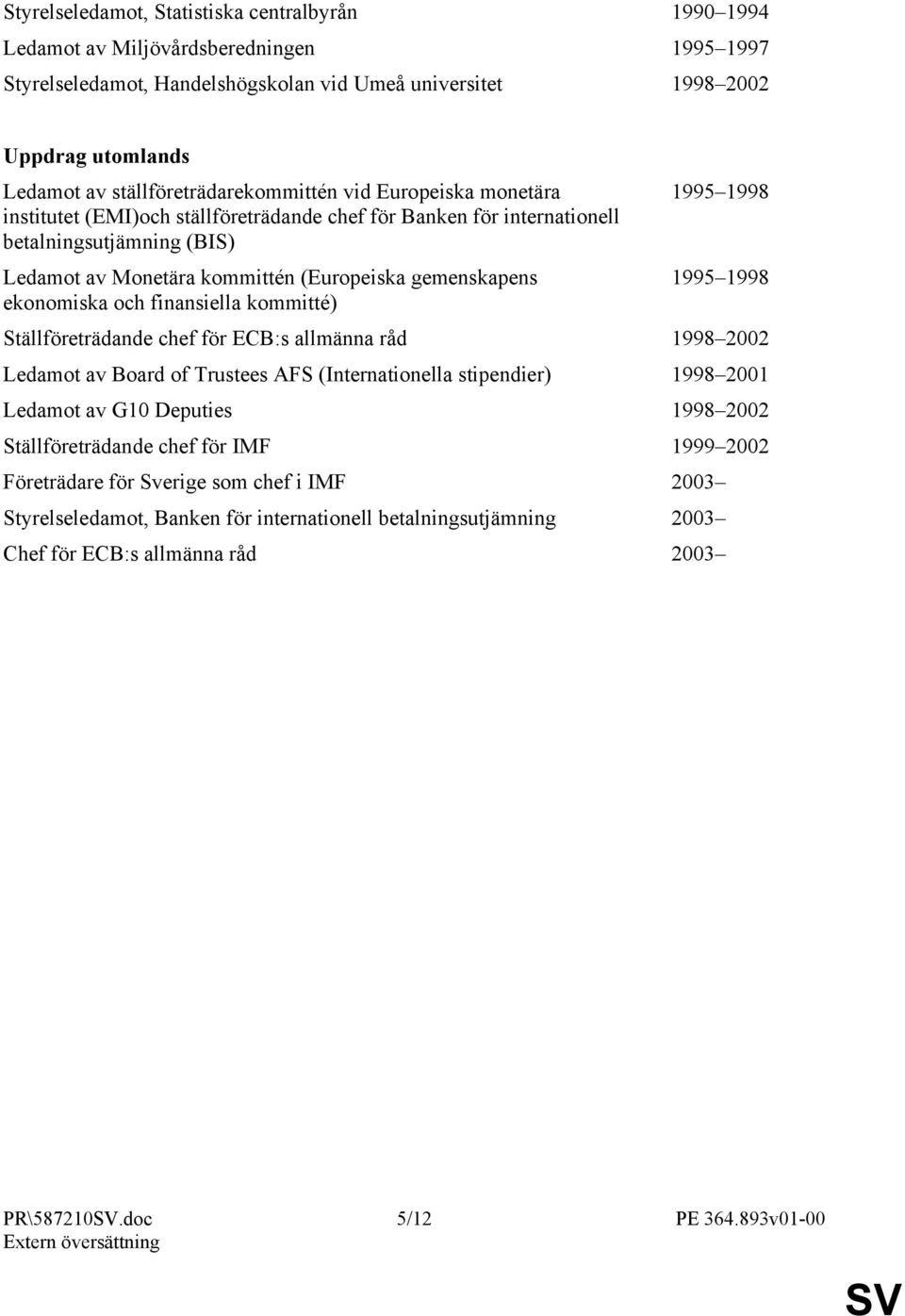 (Europeiska gemenskapens 1995 1998 ekonomiska och finansiella kommitté) Ställföreträdande chef för ECB:s allmänna råd 1998 2002 Ledamot av Board of Trustees AFS (Internationella stipendier) 1998 2001