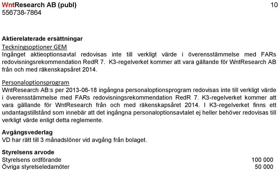 Personaloptionsprogram WntResearch AB:s per 2013-06-18 ingångna personaloptionsprogram redovisas inte till verkligt värde i överensstämmelse med FARs redovisningsrekommendation RedR 7.