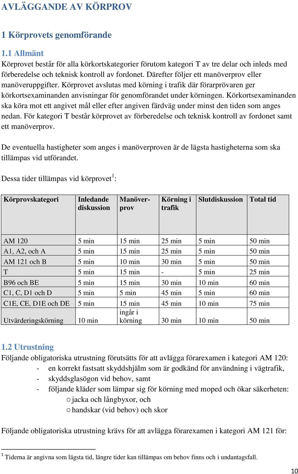 Körkortsexaminanden ska köra mot ett angivet mål eller efter angiven färdväg under minst den tiden som anges nedan.