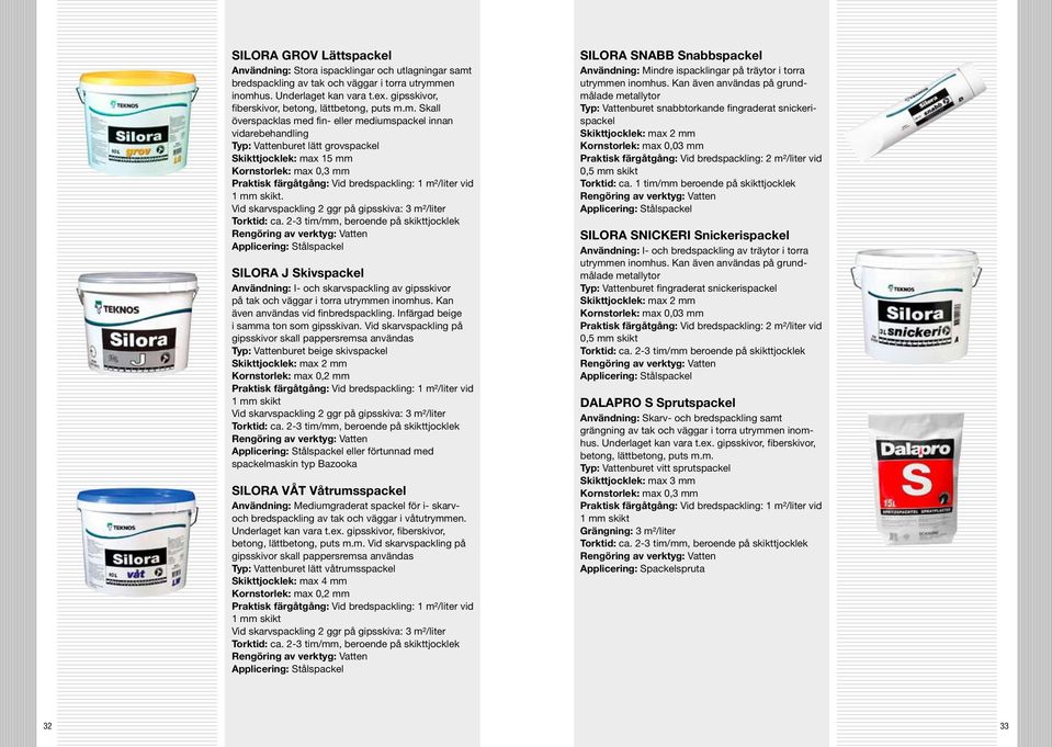 m. Skall överspacklas med fin- eller mediumspackel innan vidarebehandling Typ: Vattenburet lätt grovspackel Skikttjocklek: max 15 mm Kornstorlek: max 0,3 mm Praktisk färgåtgång: Vid bredspackling: 1