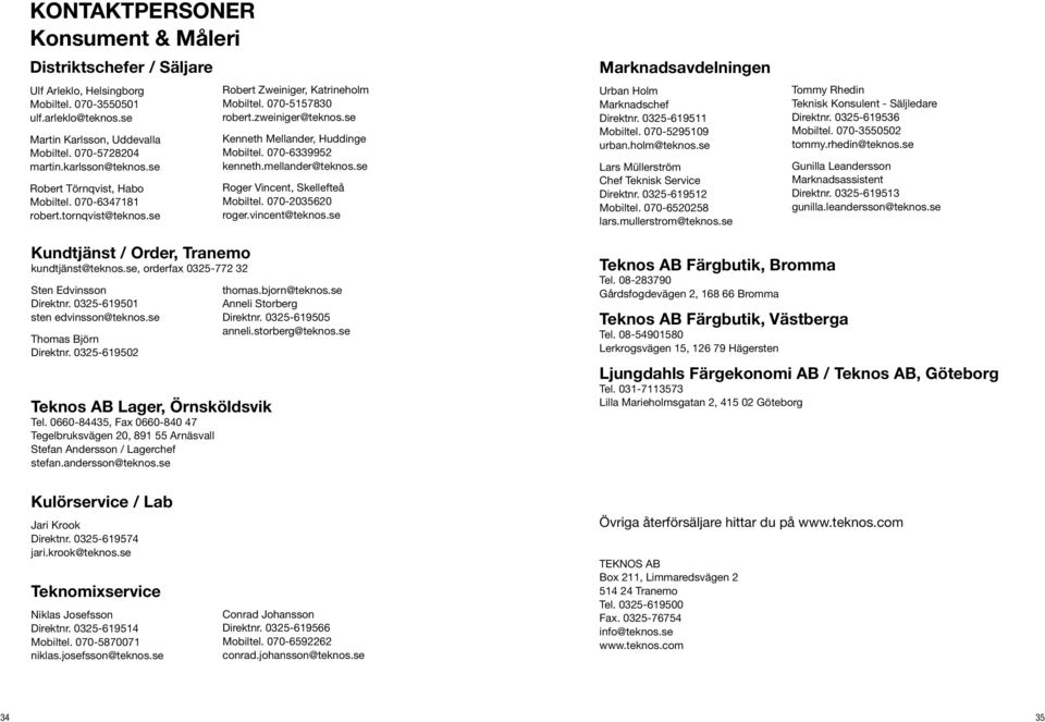 se Kenneth Mellander, Huddinge Mobiltel. 070-6339952 kenneth.mellander@teknos.se Roger Vincent, Skellefteå Mobiltel. 070-2035620 roger.vincent@teknos.