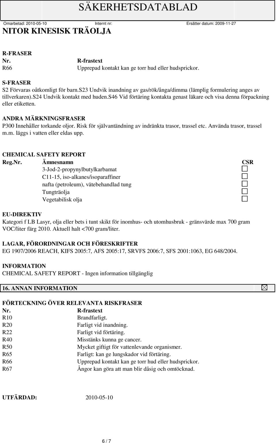 ANDRA MÄRKNINGSFRASER P300 Innehåller torkande oljor. Risk för självantändning av indränkta trasor, trassel etc. Använda trasor, trassel m.m. läggs i vatten eller eldas upp.