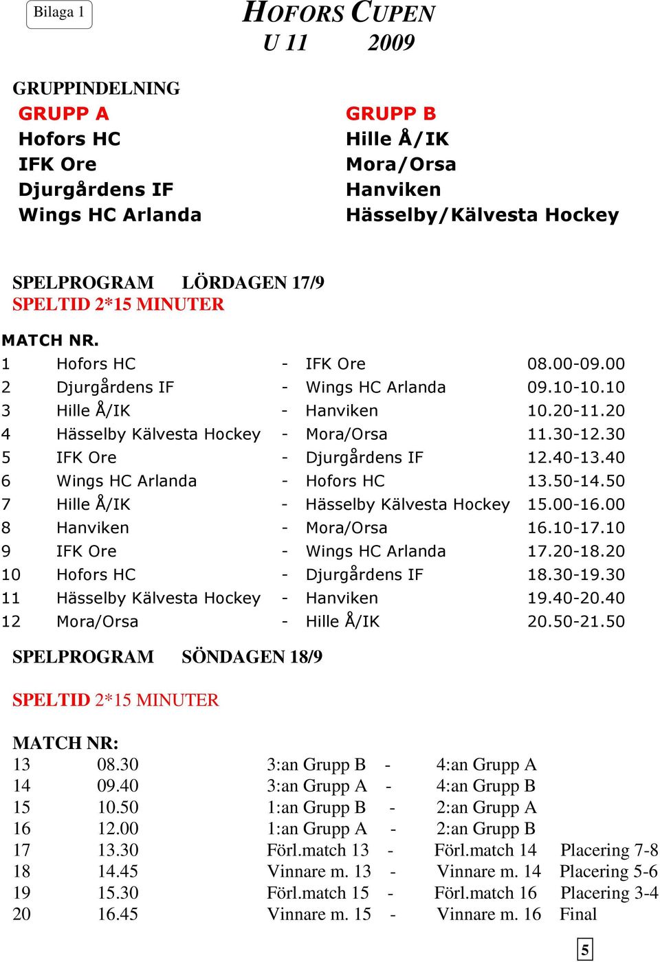 30 5 IFK Ore - Djurgårdens IF 12.40-13.40 6 Wings HC Arlanda - Hofors HC 13.50-14.50 7 Hille Å/IK - Hässelby Kälvesta Hockey 15.00-16.00 8 Hanviken - Mora/Orsa 16.10-17.
