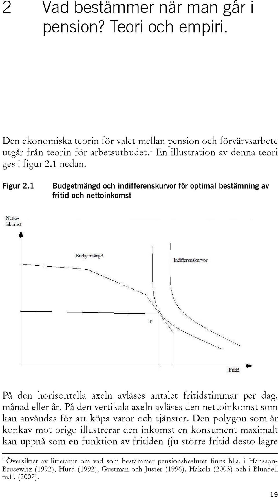 1 Budgetmängd och indifferenskurvor för optimal bestämning av fritid och nettoinkomst På den horisontella axeln avläses antalet fritidstimmar per dag, månad eller år.