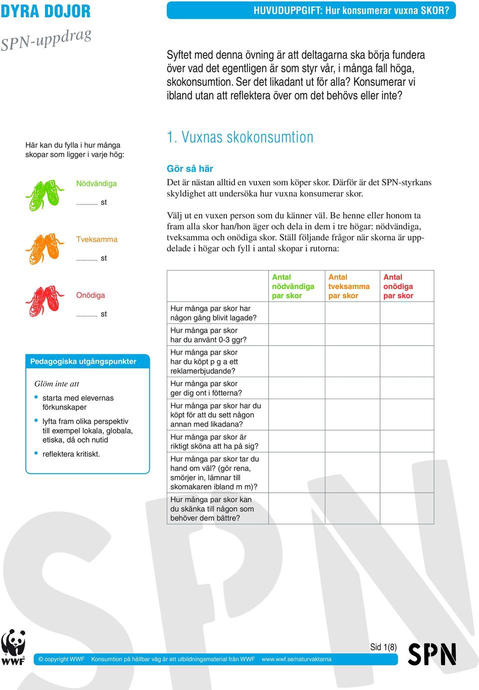 Vuxnas skokonsumtion Det är nästan alltid en vuxen som köper skor. Därför är det SPN-styrkans skyldighet att undersöka hur vuxna konsumerar skor. Välj ut en vuxen person som du känner väl.